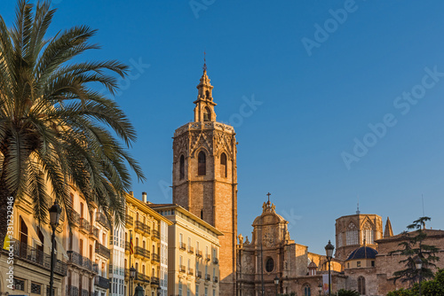 Valencia - The Cathedral of Valencia with its Bell Tower Micalet at golden hour. photo