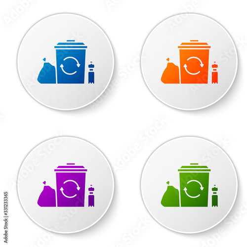 Color Recycle bin with recycle symbol icon isolated on white background. Trash can icon. Garbage bin sign. Recycle basket. Set icons in circle buttons. Vector Illustration