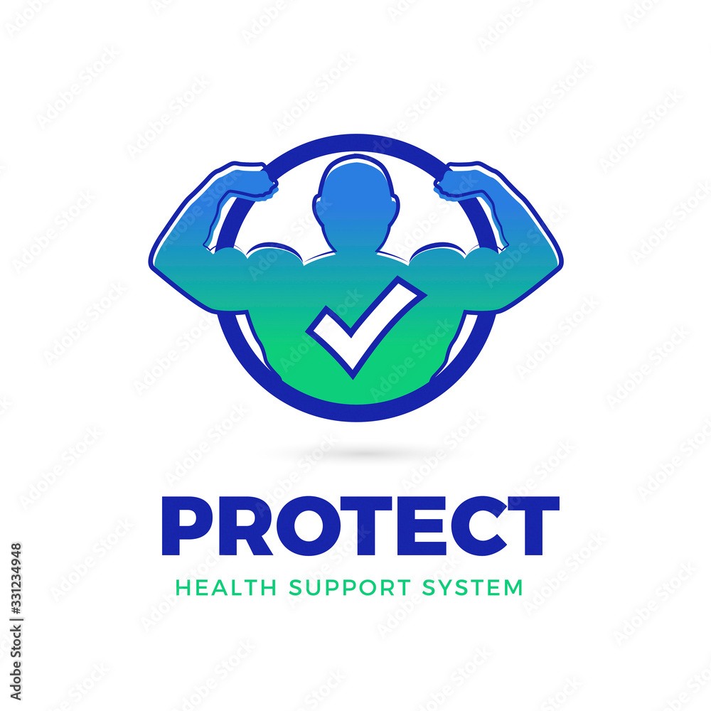 Muscle man silhouette with checkmark, vector logo - icon