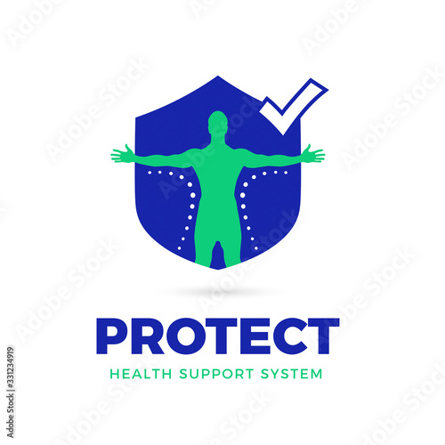 Man with open arms silhouette, in shield shape, health logo - icon