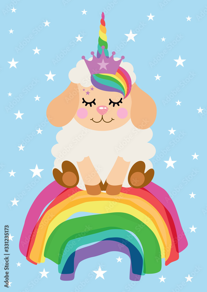 Fototapeta premium Greeting card with cute unicorn lamb sitting on rainbow