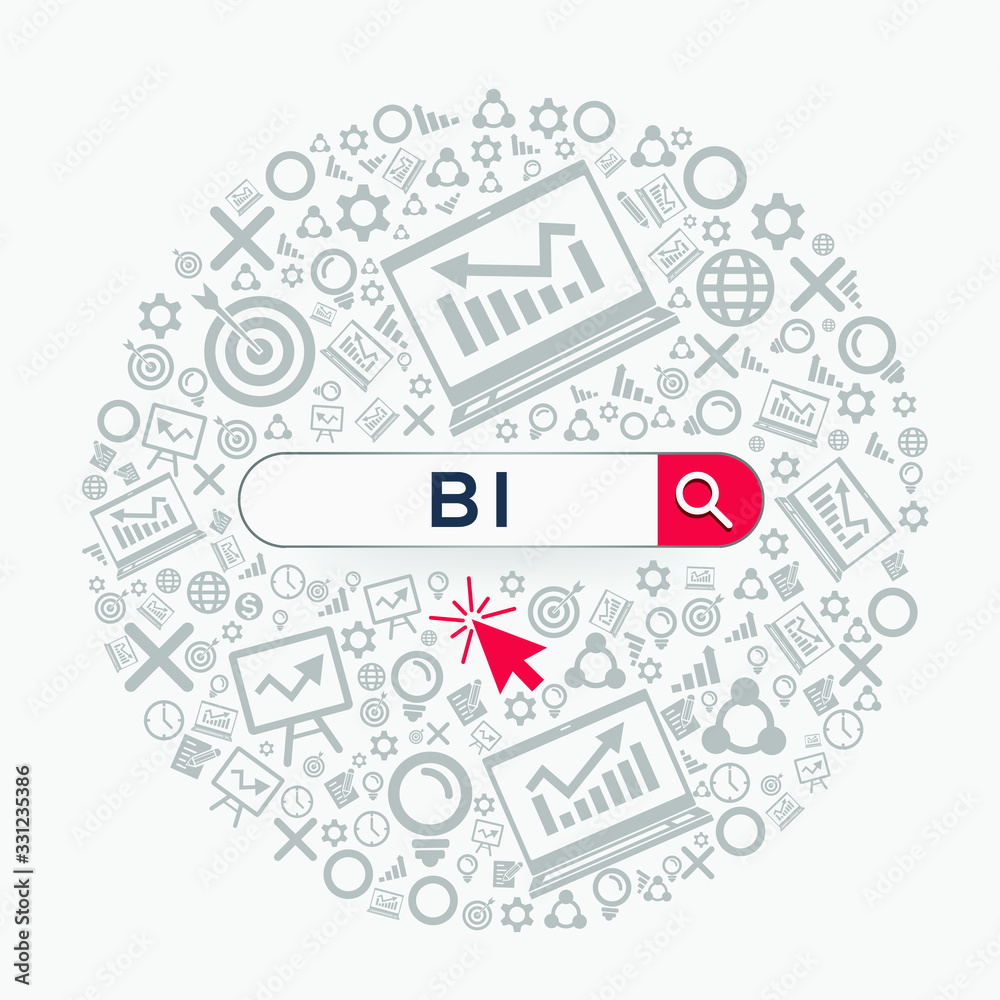 BI mean (business intelligence) Word written in search bar ,Vector illustration.