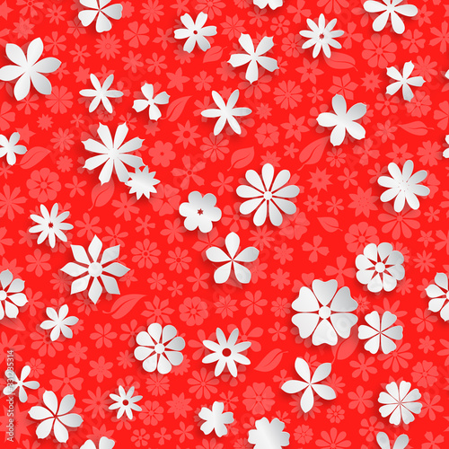 Seamless pattern with floral texture in red colors and big white paper flowers with soft shadows