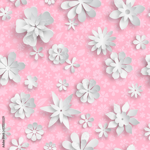 Seamless pattern with floral texture in pink colors and big white paper flowers with soft shadows