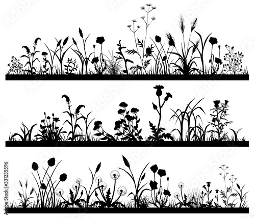Silhouette of Field flowers and garden grass landscape set, butterfly