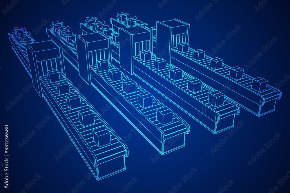 Conveyor belt section with pack boxes. Factory production equipment. Wireframe low poly mesh vector illustration Conveyor belt section with pack boxes. Factory production equipment. Wireframe low poly mesh vector illustration