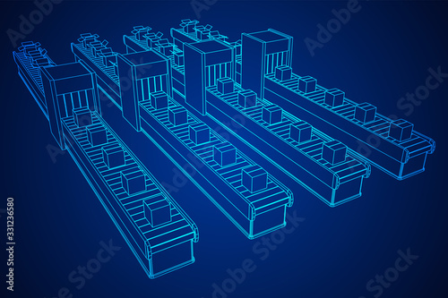 Conveyor belt section with pack boxes. Factory production equipment. Wireframe low poly mesh vector illustration