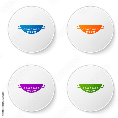 Color Kitchen colander icon isolated on white background. Cooking utensil. Cutlery sign. Set icons in circle buttons. Vector Illustration