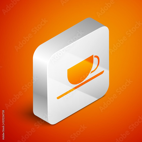 Isometric Coffee cup icon isolated on orange background. Tea cup. Hot drink coffee. Silver square button. Vector Illustration
