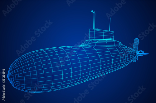 Military atomic submarine underwater boat. Wireframe low poly mesh vector illustration