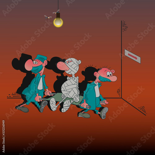 Two medical workers carry on a patient's stretcher.