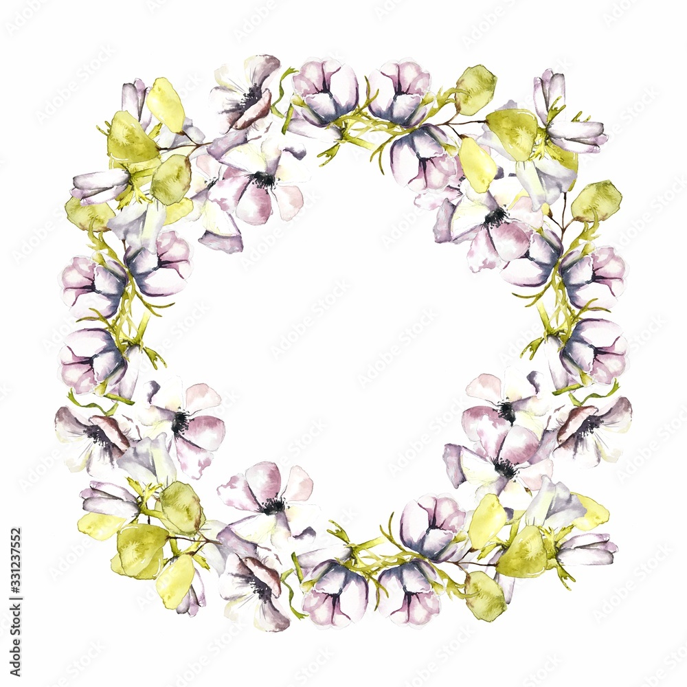 Round watercolor frame with flowers. Anemones. For invitations, save the date, weddings