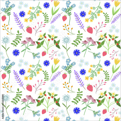 Flower Pattern. Cute vector summer flowers pattern  hand drawn field flowers. Doodle floral design.
