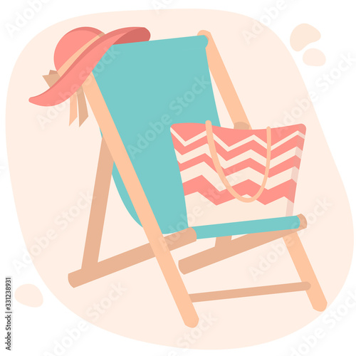 Deck chair with beach hat and bag. Summer vector flat illustration.