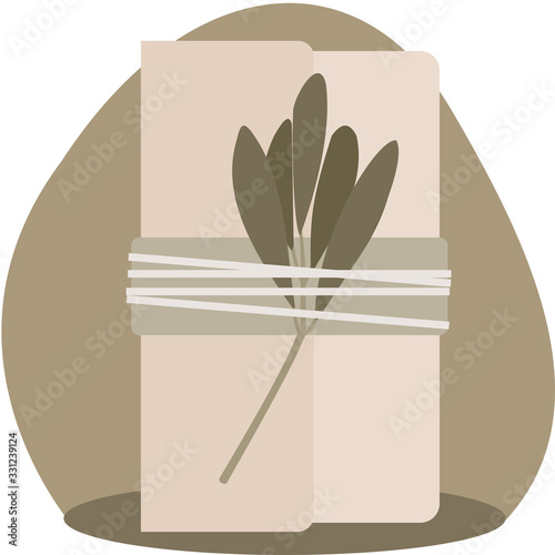 Green gift with flower. Paper present with plant. Craft packet. Vector pattern flat illustration.  photo