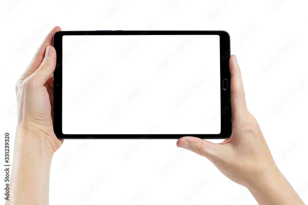 Hands with a black tablet, isolated on white background Hands with a black tablet, isolated on white background