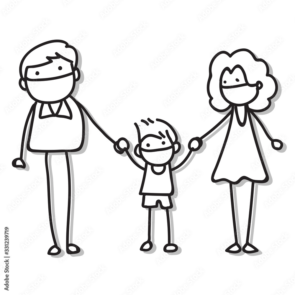 hand drawing cartoon character people in family wear mask protection from Covid-19 hand drawing cartoon character people in family wear mask protection from Covid-19