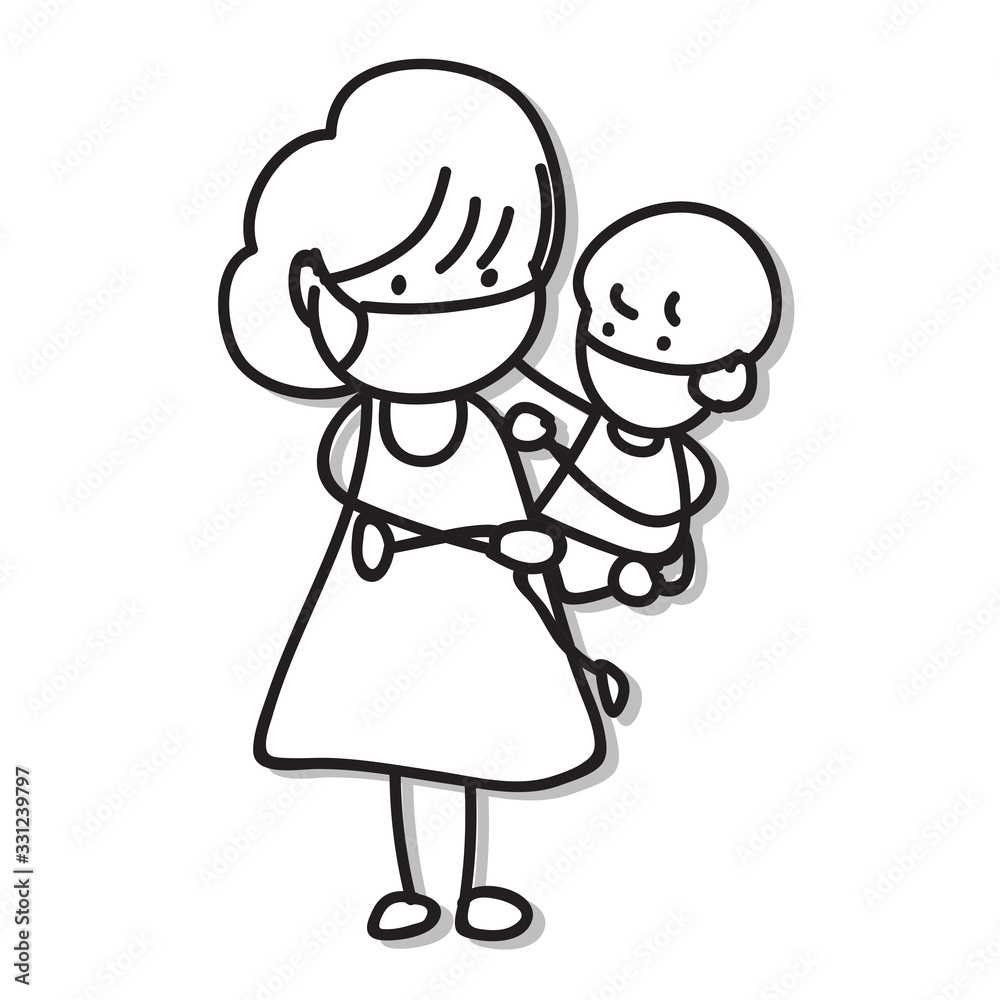 hand drawing cartoon character people in family wear mask protection from Covid-19 hand drawing cartoon character people in family wear mask protection from Covid-19