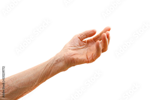 Old lady's hand with open palm. Elderly lady is waiting for help. Elderly, Aging concept, with white background. Isolated white background, close up, overhead, copy space.