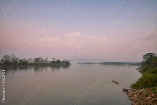 morning skyline and fog in khong river from chiang san of chiang rai thailand © bank215