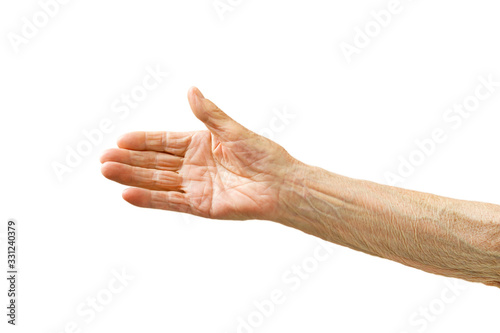 Old lady's hand with open palm. Elderly lady is waiting for help. Elderly, Aging concept, with white background. Isolated white background, close up, overhead, copy space.