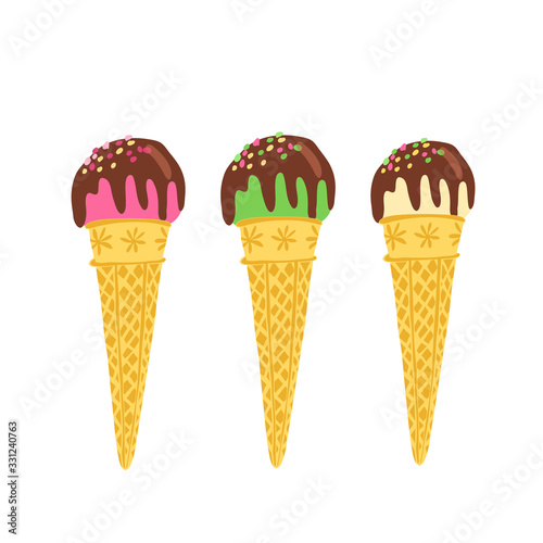Set of ice cream balls in waffle cones decorated with chocolate glaze. Green, pink, yellow colors. Hand drawn vector illustration isolated on white background.