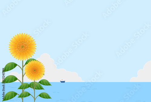 背景素材：夏の空と向日葵と海
