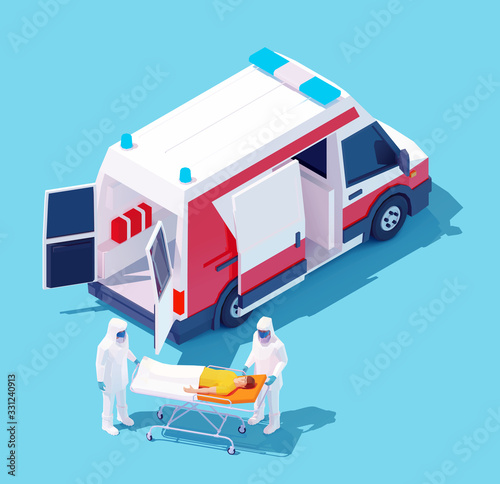 Vector isometric ambulance hospitalization man with coronavirus disease or Covid-19. Paramedics in protective masks hospitalize patient with suspected infectious coronavirus or Covid-19 to hospital