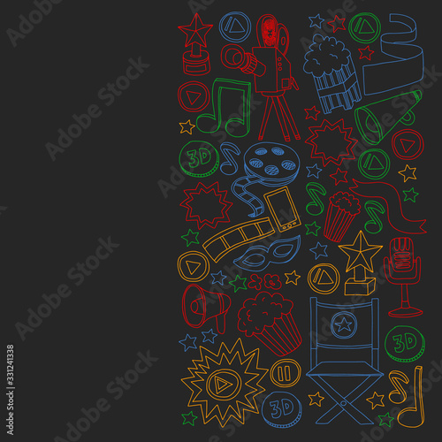 Online cinema vector icons. Background with popcorn  movie illustration  musical notes.