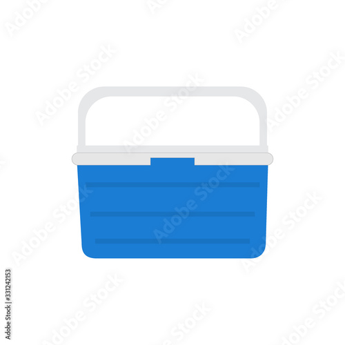 Handheld blue refrigerator, ice cooler for picnic or camping. Vector illustration, isolated over white background