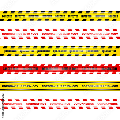 Coronavirus 2019-nCOV, seamless yellow and red security tapes on isolated background, set coronavirus tapes, vector illustration