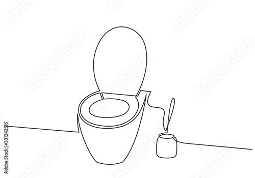 Continuous one line drawing of toilet bowl and toilet brush vector illustration. WC black line sketch isolated on white background