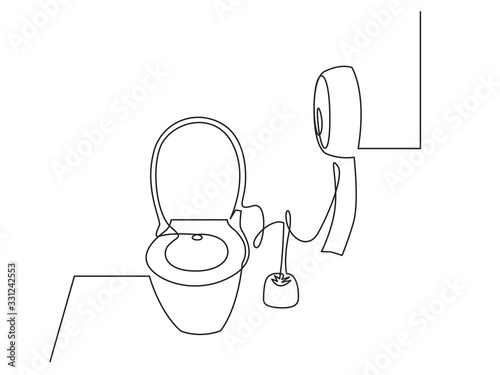 Continuous one line drawing of toilet bowl and brush vector illustration. WC black line sketch isolated on white background. Toilet bath room paper icon for banner, web, design