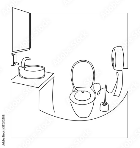 Continuous one line drawing of washbasin cabinet with toilet bowl and paper vector illustration. WC black outline sketch. Public restroom interior isolated on white background