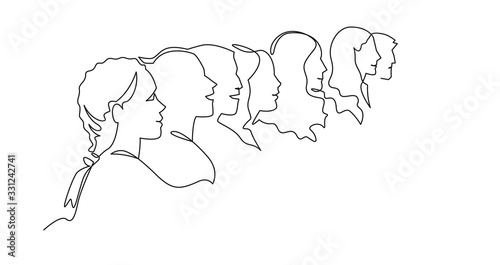 Group of people continuous one line vector drawing. Crowd standing at concert, meeting. Women and men waiting in queue. Character of audience in the conference hall.