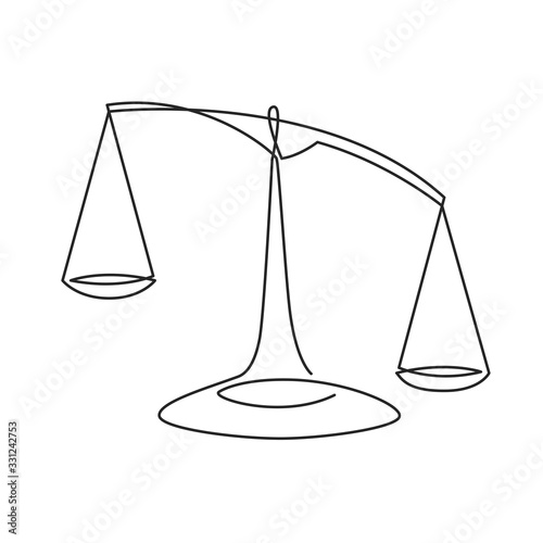 Justice scales continuous one line drawing. Weight balance symbol outline silhouette. Libra or law identity concept simple vector illustartion isolated on white background