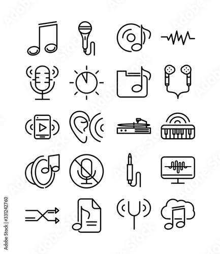 sound audio volume music line style icons set