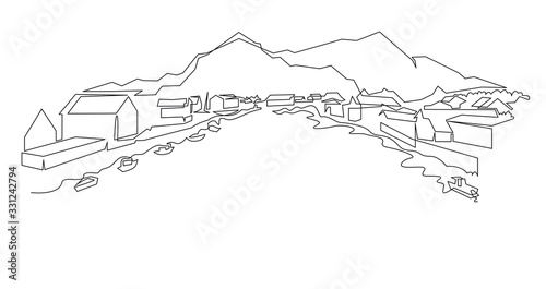 Norwegian Mountain landscape continuous one line vector drawing. Norway, a small town with houses near the shore of the water with fishing boats hand drawn silhouette. Nature, rock panoramic sketch.