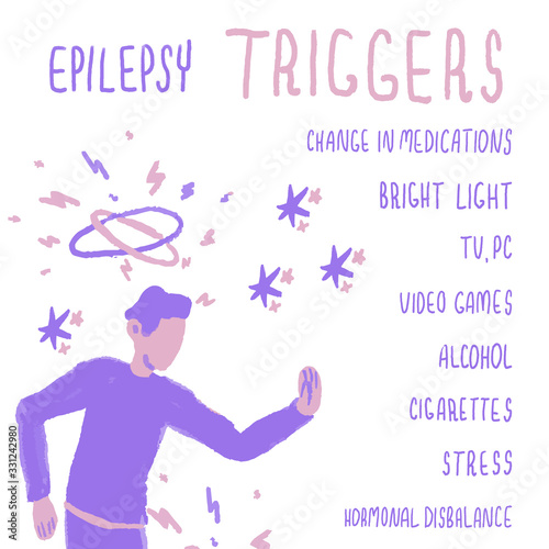 Epilepsy triggers text list on white isolated backdrop. Violet man for medical poster, social banner, info card or social network post. T shirt or hoody print. Hand drawn stock vector illustration
