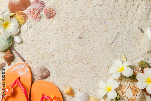 Oraneg sandal with Shells and plumeria flowers on sand