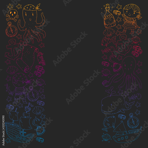 Pirate party. Illustrations for little children. Kids birthday celebration with treasure island, octopus, pirates