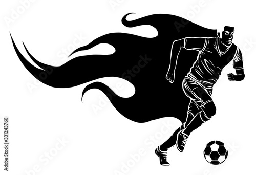 Sports training, Soccer football player kicks the ball, Goal, Fire flame, Colorful drops ink splashes