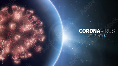 Concept of worldwide Coronavirus pandemia. Warning of virus global outbreak. Virus structure on a planet Earth background with stars. International infectione. Vector illustration.