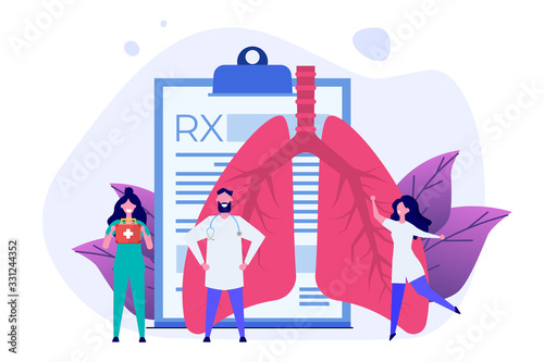 Pulmonology or pulmonary concept vector illustration. Tiny doctors treat, inspection check human Lungs.
