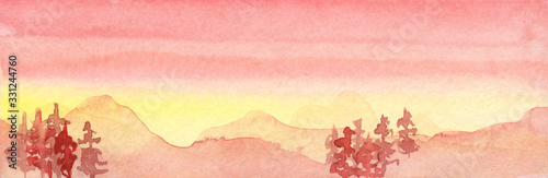 Watercolor red orange sunset illustration with mountains and forest, Christmas trees.
