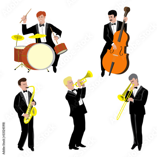 Vector Illustration of men playing the trombone, trumpet, drums, saxophone, contrabass. Handsome european jazz musicians.Set of characters in flat style, isolated on white background