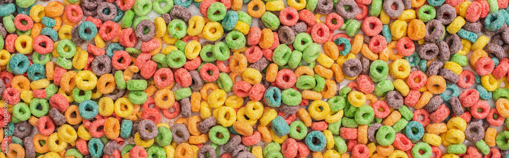 top view of bright multicolored breakfast cereal, panoramic shot