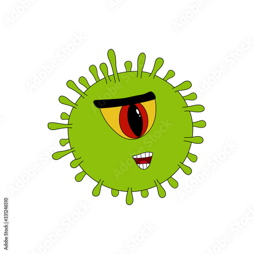 Vector common human green virus or coronovirus bacteria with one eye viral Cyclops with toothy mouth, close up cartoon