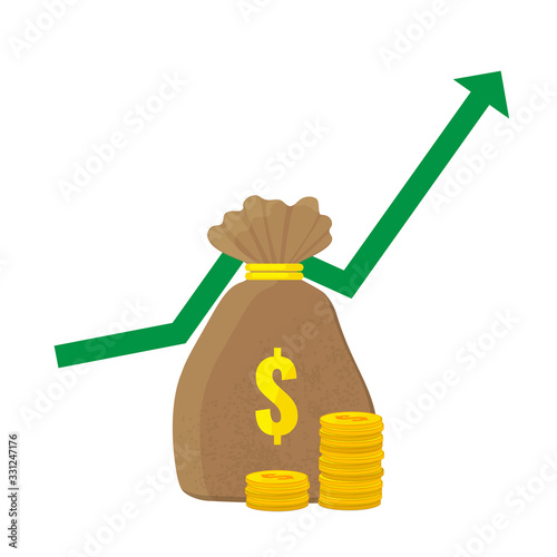 Growing dollar exchange rate concept. Money bag with dollar. Vector stock illustration.