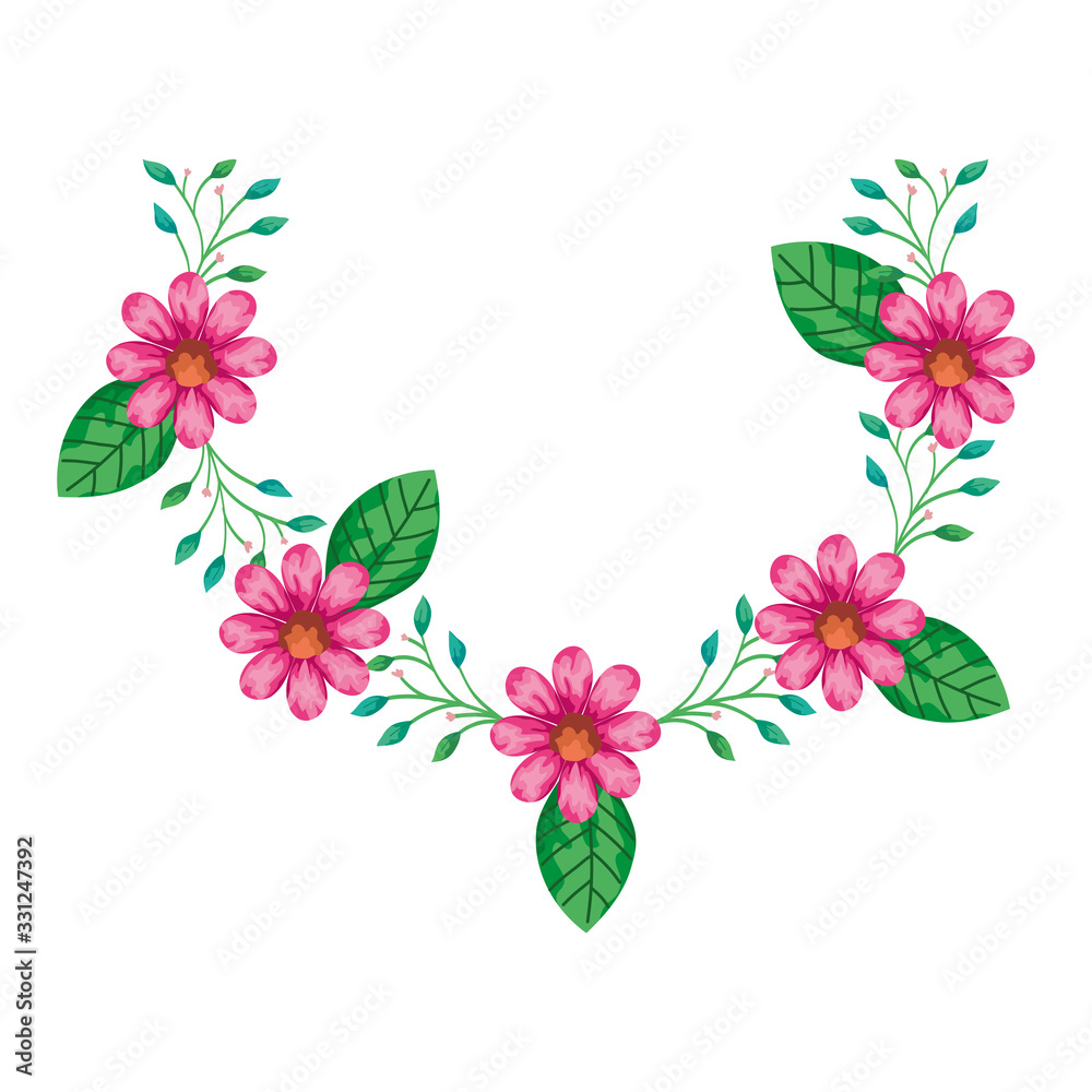decoration of cute flowers pink color with branches and leafs vector illustration design